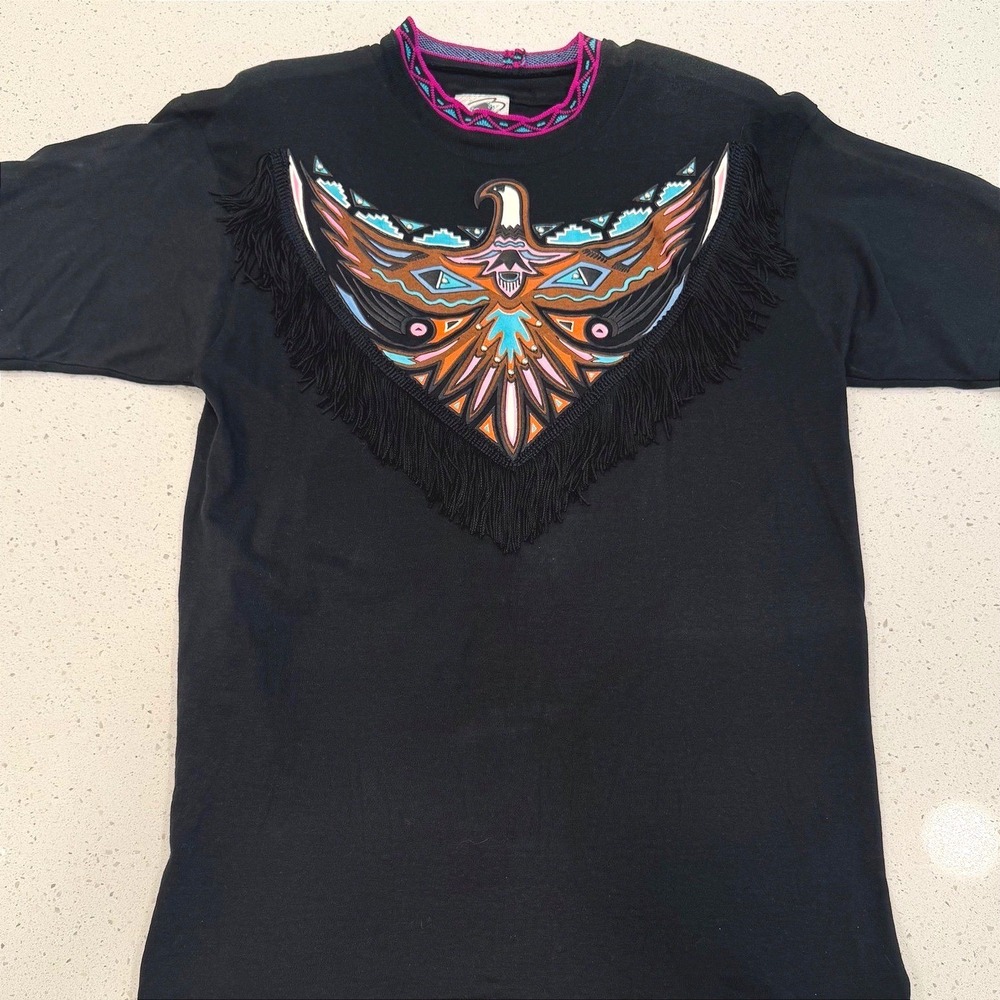 Buffalo Thunderbird Graphic Shirt Womens L, Black Excellent Vintage with Fringe